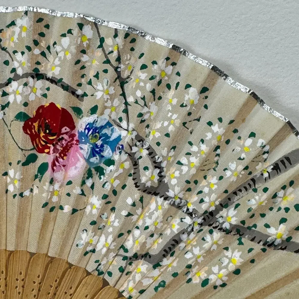 Vintage Japanese Folding Hand Fan Hand Painted Floral Bamboo Silver Trim Wall